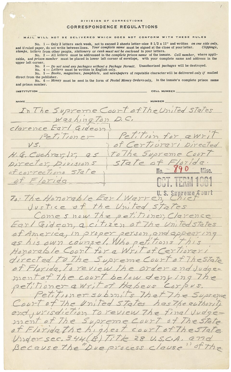 Clarence Earl Gideon's handwritten petition to the Supreme Court
