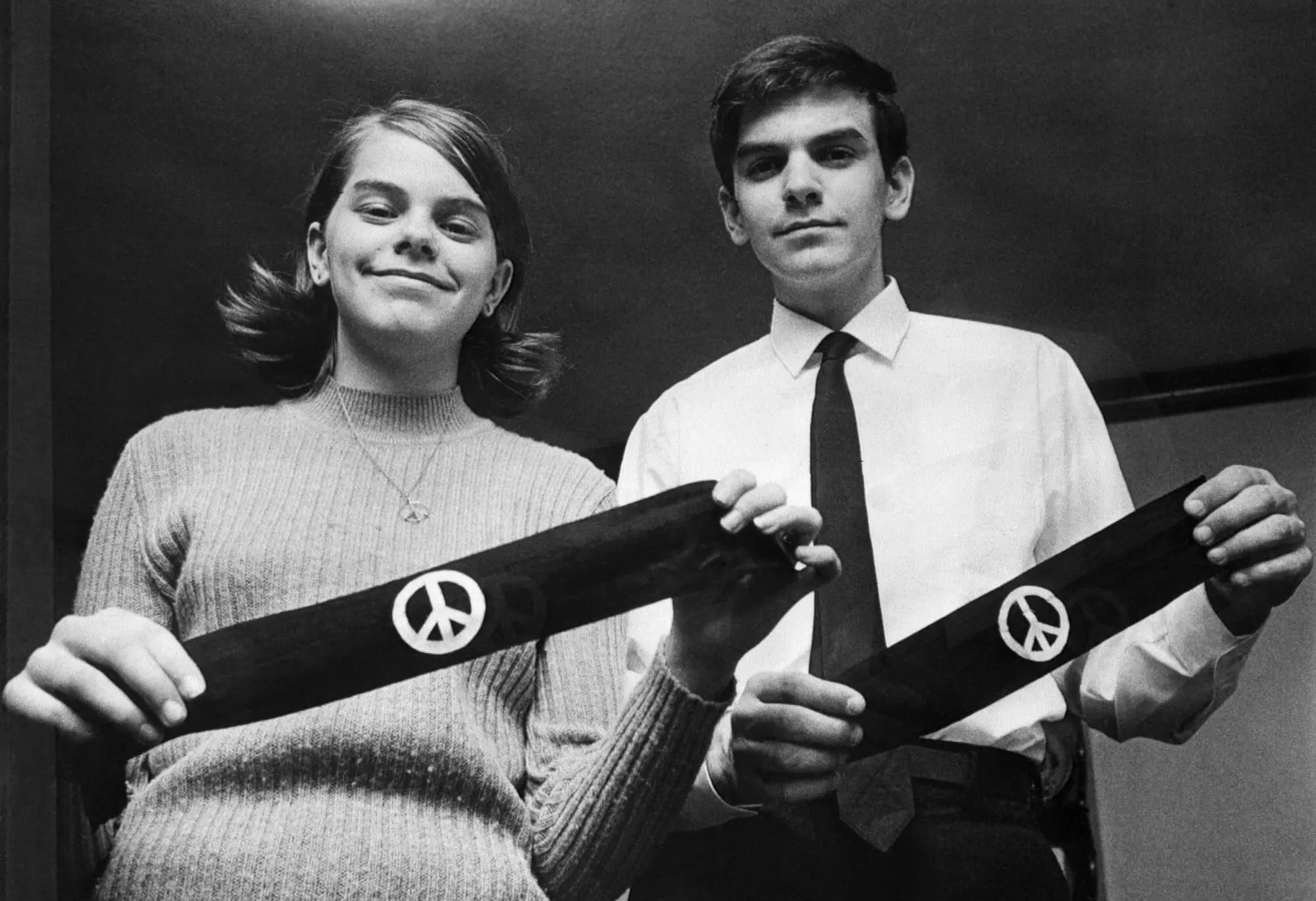 John and Mary Beth Tinker displaying the black armbands that got them suspended, 1968