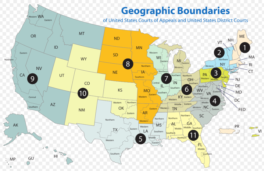 Map of the geographic boundaries of the United States Courts of Appeals and United States District Courts