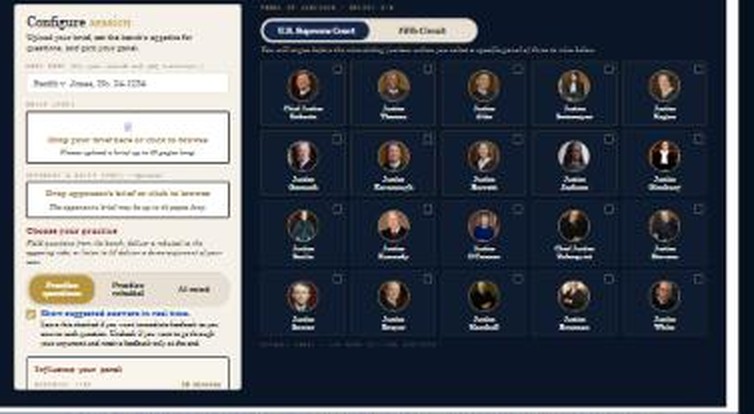 The MyAppealCoach moot court configuration page: upload your brief, choose your court and panel, set the questions, and begin your argument.