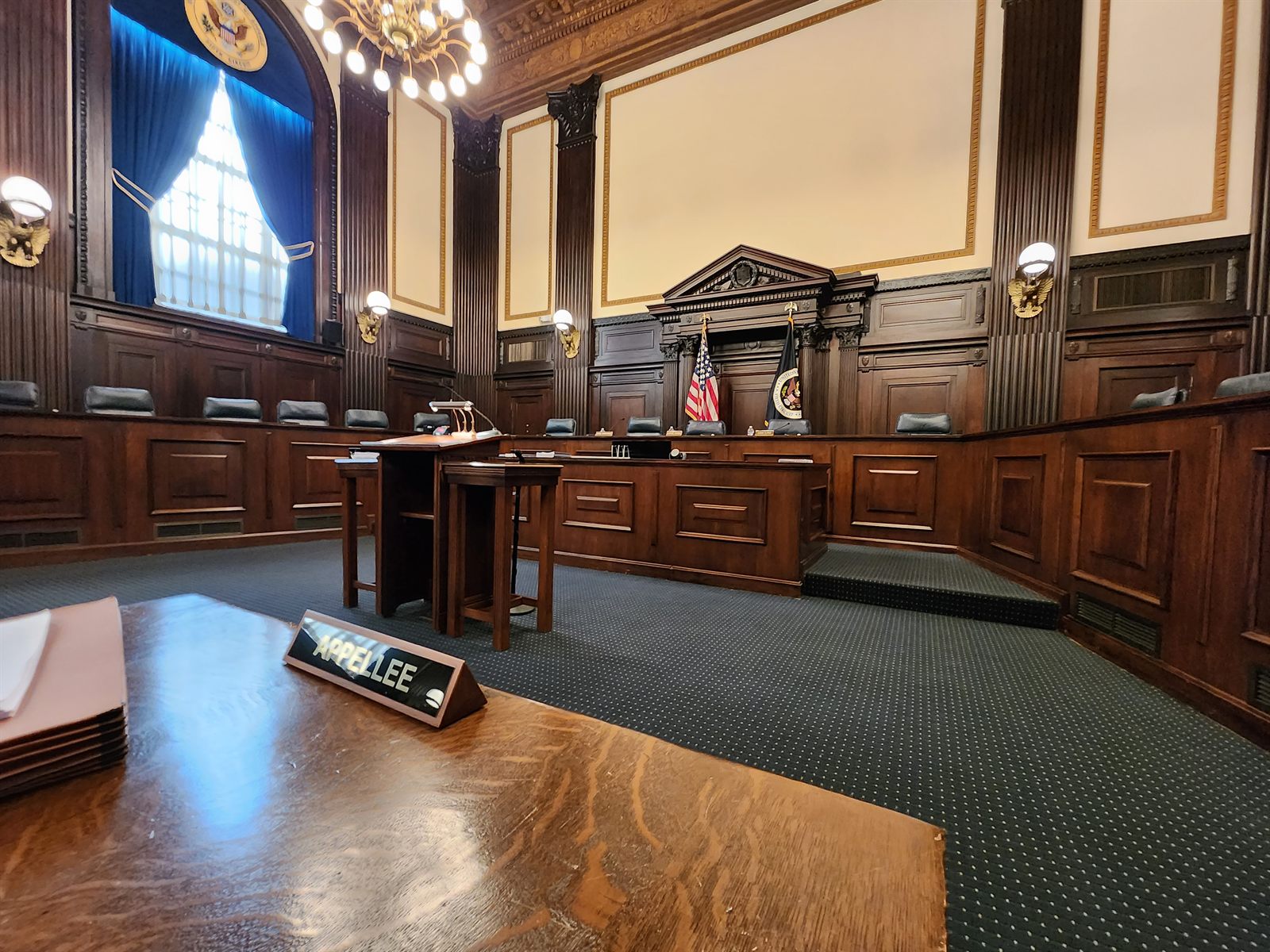 Interior of the United States Court of Appeals for the Fifth Circuit, viewed from counsel table